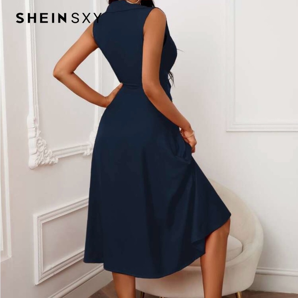 SHEIN Elegant Navy Blue Midi Dress